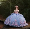 Sky Blue Lace Princess Quinceanera -jurken met pet bloemen kralen Charro Mexicaans Vestidos de 15 anos zoete 16 optochtjurk