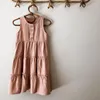 Flickklänningar Girls Bohemian Long Maxi Linen Dress Summer Beach Style Ruffled Casual ärmlös Suspender TZ227