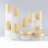 10pcs Elegant Frosted Clear Glass Lotion Pump Spray Bottle With Wood grain cover High Grade Facial Cream Jar DIY Makeup Tool331L