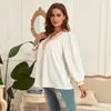 Camiseta de talla grande para mujer KEBY ZJ Blusa superior de encaje con contraste blanco de talla grande con cuello en V para mujer blusas informales de oficina de manga larga para primavera y otoño 230224