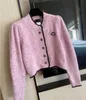 Runway Designer Pink Knitwear With Brosch Solid Two and a Half O-Neck Women's Elegant Sticked Wool Long Sleeve Short Coat