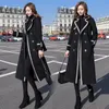 Mezclas de lana para mujer, abrigo negro de otoño e invierno, chaquetas largas holgadas de estilo coreano elegante con doble botonadura y gruesa cálida para mujer 2023