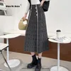 Skirts Autumn Winter Knitted Long Skirt Houndstooth Patchwork Vintage Slim Woolen Elegant Warm A Line Plaid RS038