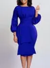 Casual Kleider Puff Sleeve Midi Kleid Frauen Rüschen Rundhals Formale Party Cocktail Bleistift Kleid mit Schleife Gürtel Vestidos 230223