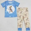 Wholesale Baby Girl RTS Clothes Set Cute Bunny Rabbit Print Easter Kids Clothing Girls Spring Bell Bottom Outfits Children Suit