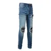 Heren denim jeans scheurde slank fit rek lederen patchwork