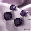 Boucles d'oreilles pendantes de luxe pour femmes, pierres de zircone cubiques carrées violettes, mode exquise, couleur argent, bijoux de mariage pour femmes