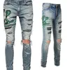 6561 dżinsowe spodnie Man Denim Chao marka w trudnej sytuacji Amirres zielony wąż haft haft plastra szczupła moda szczupłe małe stóp niebieskie dżinsy męskie iigx