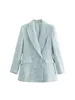 여성 재킷 세련된 세련된 세련된 블루 트위드 재킷 여성 패션 턴 다운 칼라 더블 가슴 포켓 코트 여성 캐주얼 겉옷 230224