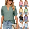 Summer Women's T-Shirt Short Puff Sleeve Shirts Loose Fit Eyelet T Shirt Notch V Neck Tunic Blouse Hollow Out Work Tops