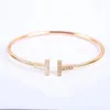 Bracciale aperto a doppia T Bracciale multiplo in oro argento argento rosa Bracciale in argento 925 con diamanti versatili, temperamento alla moda, regalo a termine solare