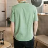 Men's Casual Shirts Trendy Men's Summer Stand-up Collar Button Short-sleeved Shirt Solid Color Slim Street Clothing Tang Suit Hanfu Top