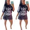 W0028 Fashion Temperament Half Sleeve Loose T-shirt Skirt Casual Sequin Women's Letter Print Dress