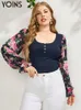 Mulheres Plus Size T-Shirt YOINS Plus Size Blusas Mulheres Camisa Outono Casual Manga Longa Floral Impressão Patchwork Blusas Tops Ruffle Manga Túnica 4XL 230224