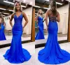 Royal Blue Mermaid Prom Dresses Sexy Spaghetti Backs Backless Beads Paillins avondjurken voor tieners afstuderen op maat gemaakt BC15118