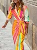 Casual Dresses Spring Summer Fashion Print Dress Blus Neck Tie Mid Length Randed Kirt Bekväma Kvinnor Wear Robe 230224