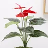 Decoratieve bloemen 3heers kunstmatige planten mooie bladeren anthurium rood groen bloem nep plastic huizen tuinhuis decor