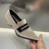 Zapatos de vestir Suojialun 2023 Primavera Punta puntiaguda Mujeres Bombas Damas Elegan Med Round Heel Slingback Slip en Oxford Casual 230224