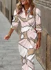 Casual Dresses Spring Summer Fashion Print Dress Blus Neck Tie Mid Length Randed Kirt Bekväma Kvinnor Wear Robe 230224