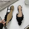 Sandaler Suojialun 2022 Fashion Flower Spets Kvinnor grunt slip på Slingback Flats Ballet Shoes Flat Heel Casual Dress Mules 230224