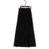 Faldas Primavera Bohemia Plisado Maxi Mujer Verano Color Sólido Cintura Alta Gasa Falda Larga Tutu Elegante Señoras Negro