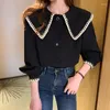 Women's Blouses Long-sleeve Shirts Women's Clothes Spring Autumn Tops Black Red Shirt Korean Fashion Button Up Doll Collar Blouse Blusas