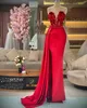 Red Beaded Mermaid Prom Dresses Plunging Neckline Feathers Evening Gowns Side Split Sweep Train Satin Overskirt Formal Dress