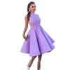 Light Purple High Neck Homecoming Dresses Sleeveless Lace Satin Tea Length Short Party Prom Gowns Appliques Custom Made Girls Evening Formal Wear