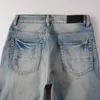 Calças masculinas designer denim homem jeans amirres mx1 cor clara jeans lavado velho buraco remendo fino elástico perna longa slp perna calças j8g4