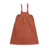 Flickaklänningar Retro Brick Orange Cotton and Linen Suspender Dress for Girls Summer Justerbar rem Långt Casual Beach TZ234