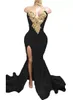 Noir longue fendue robes De bal 2023 dentelle Appliques formelle soirée Pageant robes africaine col haut sirène Vestidos De fête