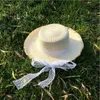 Brede rand hoeden zomer strohoed vrouwen zonbescherming strand kanten lint bowknot cap casual dames platte top panama hatwide