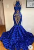 African Royal Blue Floral Memaid Prom Dresses Glitter Sequined Long Trumpet Evening Engagement Gowns Sleeveless Black Girls Slim Fit Luxury Formal Occasion Dress