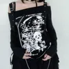 Kadınlar İki Parçalı Pantolon 2023 Gotik Siyah Emo Y2K Punk Tişörtlü Eğik Çekiş Uzun Kollu Koyu Akademisi Teknik Giyim Harajuku Gevşek Ter Gömlek Grunge Tees 230224