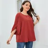 T-shirt grande taille femme KEBY ZJ grande taille col rond orange rouge solide chemisier en mousseline de soie femmes printemps été manches fendues lâche doux décontracté dames hauts chemisiers 230224