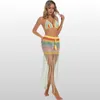 Boho Virkad Dam Baddräkt Matchande Set Frans Färgglad Sexig BH kjol 2 delar Set Badkläder Backless Beach Outfit Sommar