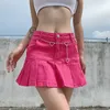 Jupes y2k Rose Denim Jupes Plissées Mini Solide Casual Femme Mode Coréenne Style Jupe Taille Haute avec Doublé Club Party Filles 230223
