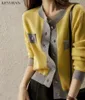 Women's Knits Tees Fashion Women's Knitted Cardigan Autumn Winter Color Matching Jacket Short Design Yellow Cashmere Cardigan Sweater Coat 230223