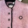 Runway Designer Pink Knitwear With Brosch Solid Two and a Half O-Neck Women's Elegant Sticked Wool Long Sleeve Short Coat