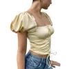 Camisetas femininas xingqing mulheres tops para mulheres de renda fofa plissee puff short corta de verão de pescoço de pescoço de camiseta esbelta