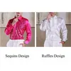 Camisas casuais masculinas Vaguelagem lantejoulas de luxo de ruffles smoking camisetas para homens roupas de cenário de casamento vermelho/rosa