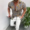 Men's Casual Shirts Nation Style Summer Man Shirt Mens Ethnic Printed Stand Collar Stripe Short Sleeve Loose Hawaiian Henley Casual Shirt ok01 230225