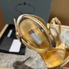 Goldene kristallverzierte Stiletto-Sandalen Neue Strass-Stiletto-Absatz-Abendschuhe 9 cm Damen-Hochhackige Luxus-Designer-Sandale mit Box