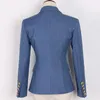 Women's Suits & Blazers European And American Dark Blue Imitation Denim Pattern Fabric Slim Double Breasted SuitsWomen's