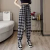 Women's Pants Capris pantalon femmes bouquet de pieds mode ample noir Plaid été Harajuku étudiants Streetwear Harem pantalons longs femmes Chic 230225