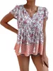 Camisas femininas Mulheres Summer Boho Manga curta Tops Floral V Neck Blouse de tração de punho solto