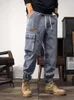 Men's Jeans Spring Summer Big Pocket Cargo Jeans Men Wide Leg Stretch Cotton Denim Pants Plus Size Ankle Length Casual Jean Trousers 8XL Z0225