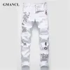 Heren jeans nieuwe mannen streetwear persoonlijkheid gescheurd gedrukte witte skinny jeans hiphop punk casual motorfiets stretch denim jeans broek z0225