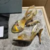 ゴールデンクリスタル装飾されたスティレットサンダル新しいラインストーンストラススティレットヒールイブニングシューズ9cm女性ハイヒールの高級デザイナーサンダルウィズ