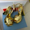 Golden Mirror Leather Sandals Real Silk Open-Toe Platform Pump Tjocka högklackade sandaler 140 mm Kvinnors lyxdesigner Formella skor Evening Factory Shoes